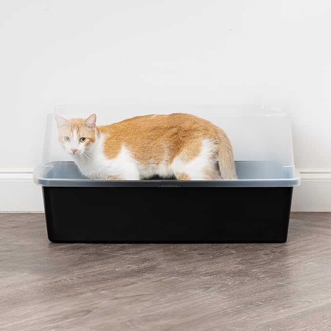 IRIS USA Extra Large Cat Litter Box with Scatter Shield, Open Top High Sided Cat Litter Pan, Black
