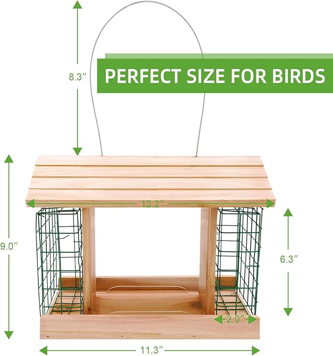 Wooden Bird Feeders for Outdoor Hanging, Large Capacity Handmade Wildbird Feeder for Outside Yard Patio Hanging with Double Suet Holder Cages, Waterproof and Durable, Nature