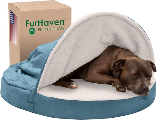 Furhaven 35" Round Cooling Gel Dog Bed for Large/Medium Dogs w/ Removable Washable Cover, For Dogs Up to 50 lbs - Sherpa & Suede Snuggery - Blue, 35-inch