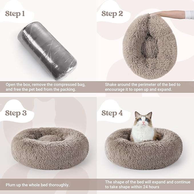 rabbitgoo Cat Beds for Indoor Cats, 20 inches Cat Bed Machine Washable, Fluffy Round Pet Bed Non-Slip, Calming Soft Plush Donut Cuddler Cushion Self Warming for Small Dogs Kittens, Khaki, Medium