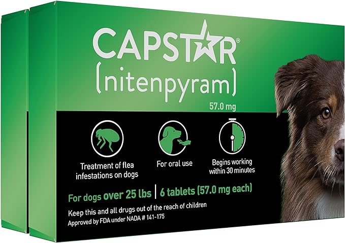 Capstar (nitenpyram) for Dogs, Fast-Acting Oral Flea Treatment for Dogs over 25+ lbs, Vet-Recommended Flea Medication Tablets Start Killing Fleas in 30 Minutes, 12 Doses