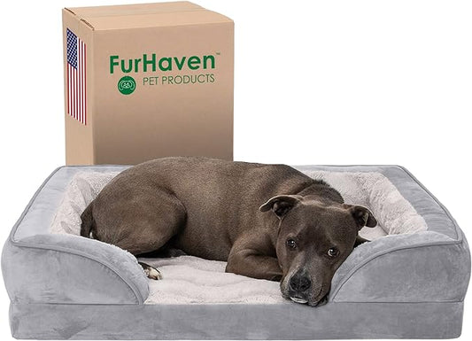 Furhaven Orthopedic Dog Bed for Large/Medium Dogs w/ Removable Bolsters & Washable Cover, For Dogs Up to 55 lbs - Plush & Velvet Waves Perfect Comfort Sofa - Granite Gray, Large