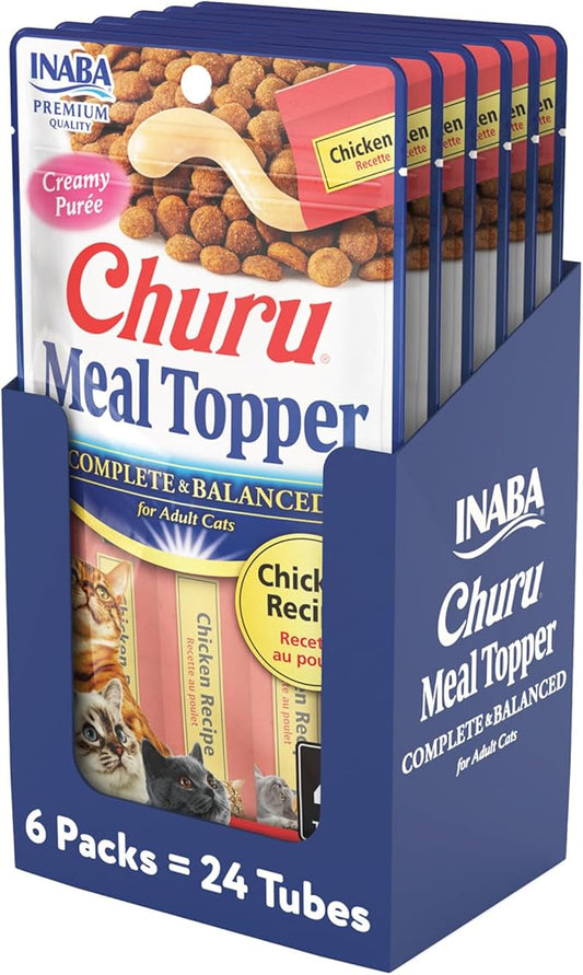 INABA Churu Meal Topper for Cats, Complete & Balanced, Creamy, Lickable Purée Cat Food Topper, 0.5 Ounce Tube, 24 Tubes (4 per Pack), Chicken Recipe