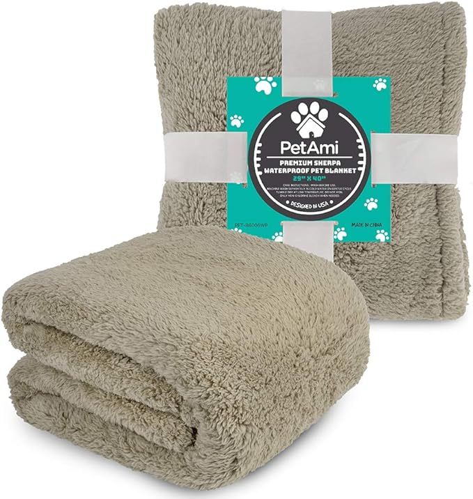 PetAmi Fluffy Waterproof Dog Blanket for Small Medium Dogs, Soft Warm Pet Sherpa Throw Pee Proof Couch Cover, Reversible Cat Puppy Bed Blanket Sofa Protector, Plush Washable Pad (Taupe Camel, 29x40)