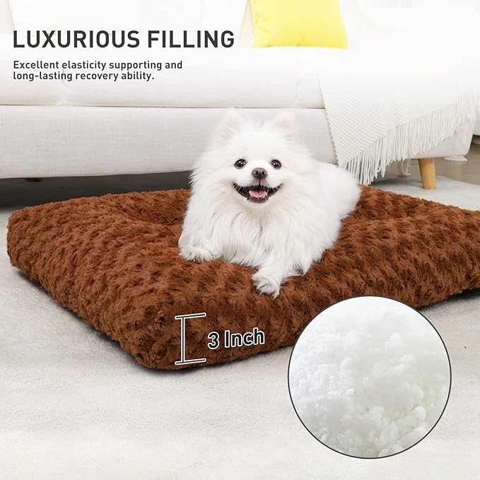 KSIIA Washable Dog Bed Deluxe Plush Dog Crate Beds Fulffy Comfy Kennel Pad Anti-Slip Pet Sleeping Mat for Large, Jumbo, Medium, Small Dogs Breeds, 23" x 18", Brown