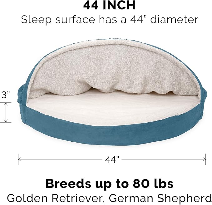 Furhaven 44" Round Cooling Gel Dog Bed for Large Dogs w/ Removable Washable Cover, For Dogs Up to 80 lbs - Sherpa & Suede Snuggery - Blue, 44-inch