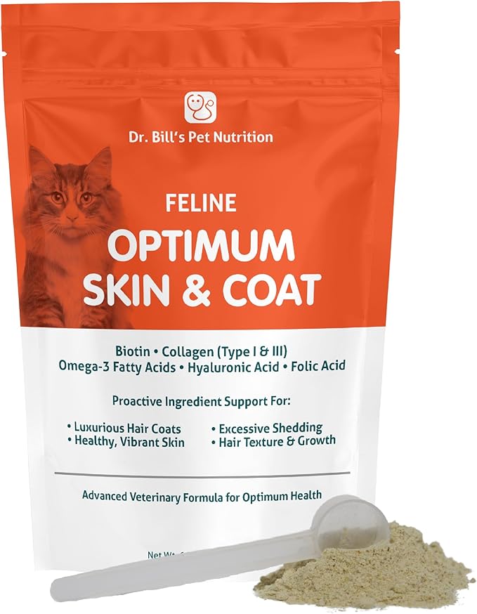 Dr. Bill’s Feline Optimum Skin & Coat – Fish Oil Omega-3 Fatty Acids for Cats Healthy Fur | Reduce Shedding and Hairballs with Biotin, Type I & III Marine Collagen, Hyaluronic Acid, & Folic Acid