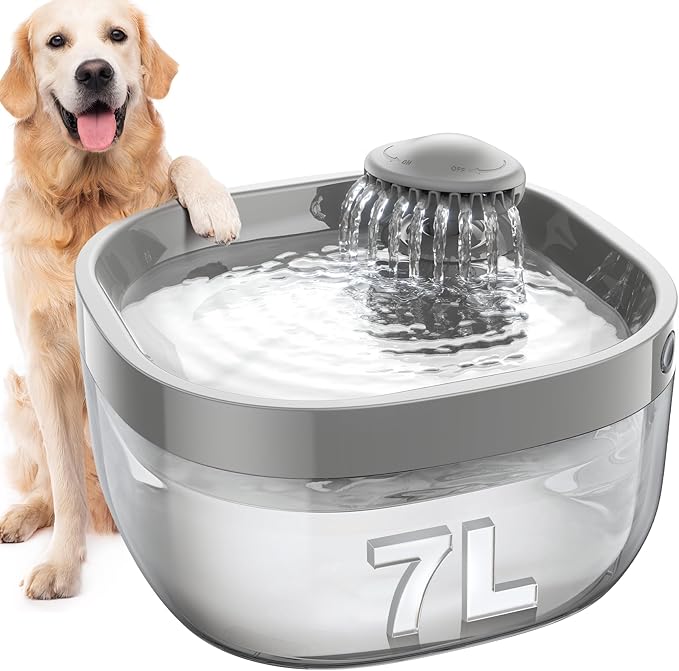 7L/1.8Gal Dog Water Fountain for Large Dog, FEELNEEDY Dog Water Bowl Dispenser Pet Water Fountain, Water Dispenser for Dogs with Ultra Quiet Pump for Multiple Cats, Dogs, Pets (FN-W05, Grey)