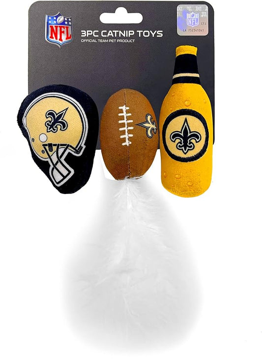 BEST PLUSH CAT TOY: NFL NEW ORLEANS SAINTS Complete Set of 3 piece Cat Toys filled with Fresh Catnip. Includes: 1 Helmet Cat Toy, 1 Football Cat Toy with Feathers & 1 Beer Bottle. Beautiful Team LOGOS