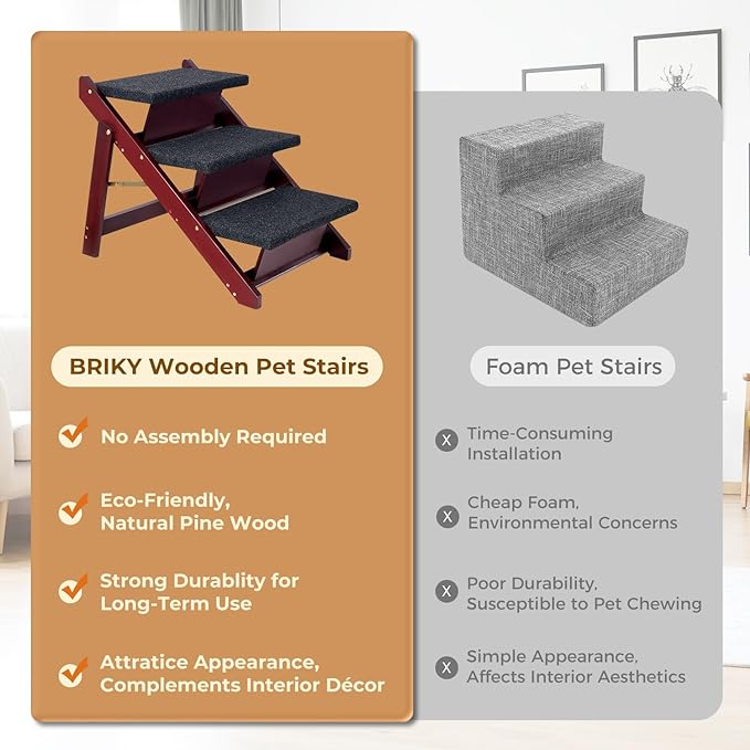 Wooden Dog Stairs/Steps 19.5”H - Foldable 3 steps Dog Steps for High Bed Couch Cars, Non-Slip Pet Stairs for Small Large Medium Dogs and Cats, No Assembly Required