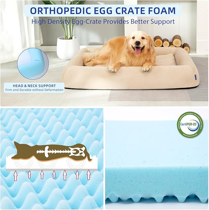 Orthopedic Dog Bed for Large Dogs Waterproof Pet Bed Soft Sofa with Two Fabrics Washable Removable Cover Egg Foam Support Anti-Slip Bottom Extra Head and Neck Support Sleeper,XXL Beige