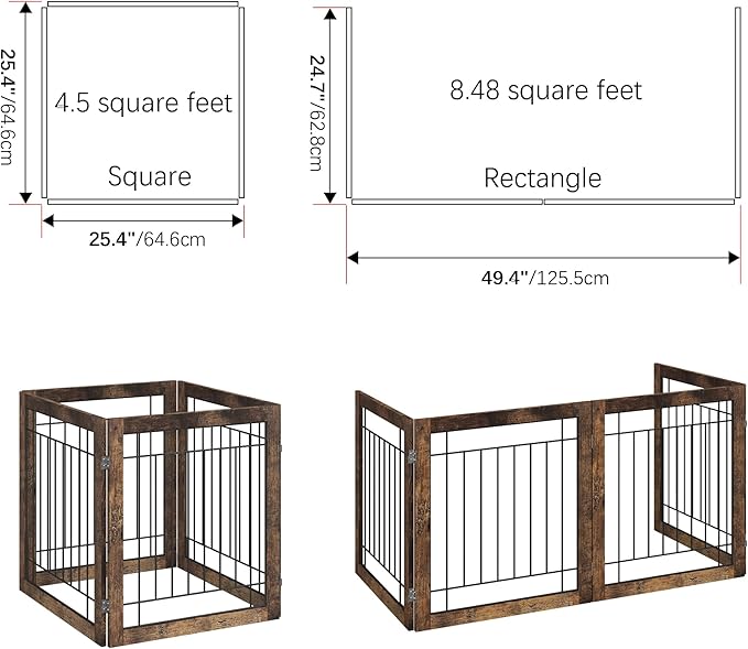 Folding No-Assembly Pet Gate 96" Wide, 30" Tall Wooden Dog Gate, Freestanding Wire Pet Gate, Pet Puppy Safety Fence, with 2PCS Support - Rustic Brown