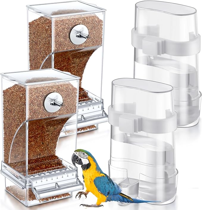 4 Pcs No Mess Bird Feeders Automatic Parrot Water Dispenser Clear Bird Seed Container Parakeet Cage Accessories for Small and Medium Birds Parrot Cockatiel Canary (Transparent,Assorted)