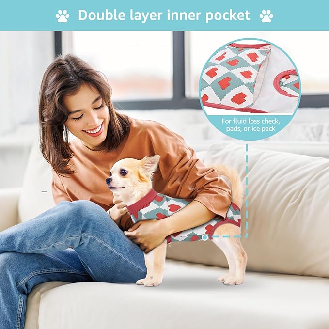 Recovery Suit for Dogs, Dog Recovery Suit Male Female Post Spay, Neuter, Abdominal Surgery Recovery Suit with an Inner Layer Pocket, Prevent Licking Soft Breathable Cotton, Red, XS