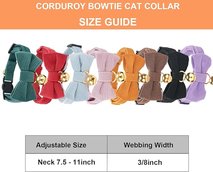 2 Pack Soft Corduroy Cat Collars with Bow Tie & Bell, Adjustable Breakaway Cotton Kitty Bowtie Collar for Girl Female Kitten (Pink & Purple)