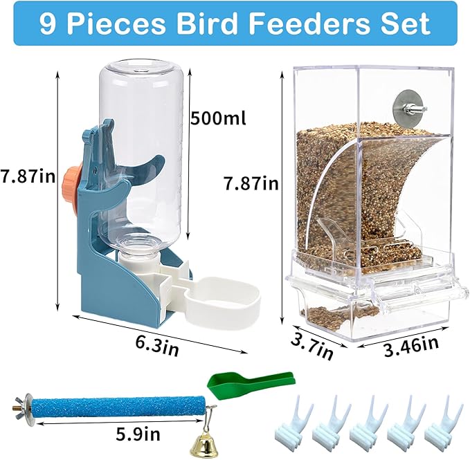 No Mess Bird Feeder Water Dispenser Set of 9 Automatic Parrot Feeder Drinker Acrylic Adjustable Parakeet Seed Food Container Cage Accessories for Lovebirds Finches Budgies Canaries