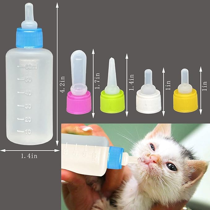 2 Sets of 5-Color Plastic and Silicone Feeding pet Supplies Set, Squeeze Liquid Bottles, Replaceable teats Mini for Newborn Kittens, Puppies, Rabbits, Replacement Small Animals cat Bottle Tools