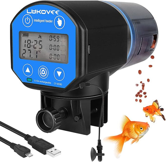 Lukovee Automatic Fish Feeder, Feeding Time Display USB Rechargeable Timer Moisture-Proof Aquarium or Fish Tank Food Dispenser with 200ML Large Capacity with Temperature Measure Function, Blue