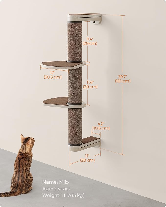 Feandrea Clickat Collection - No.006 Cat Tree Scratching Post, 39.7-Inch Tall Thicker Wall Mounted Cat Scratcher Posts, 2 Cats Perch Platform, Easy Assembly, Suit for Multi Cats Climb Play Nap Scratch