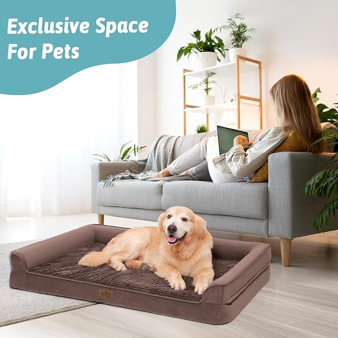 Orthopedic Dog Beds for Extra Large Dogs, Waterproof Memory Foam XXL Dog Bed with Sides, Non-Slip Bottom and Egg-Crate Foam Big Dog Couch Bed with Washable Removable Cover, Brown (U-Shaped)