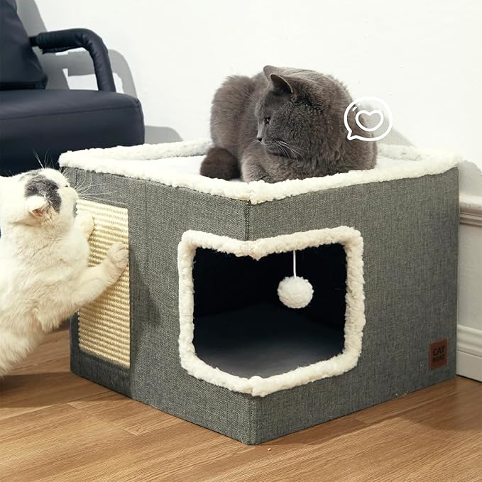 CATBOAT Cat Bed for Indoor Cats Cube House, Covered Cat Cave Beds & Furniture with Scratch Pad and Hideaway Tent, Cute Modern Cat Condo for Multi Small Pet Large Kitten Kitty, Light Grey