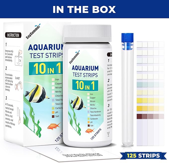 Aquarium Test Strips for Saltwater Tank: 10-in-1 125 Counts Salt Water Aquarium Water Test Kit, Fish Tank Test Strips for Testing Salt Chlorine Copper Nitrate pH and More, AQSTTN24