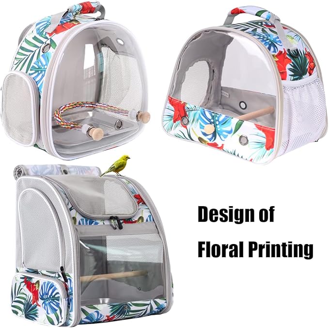 Portable Small Bird Travel Carrier Cage with Stand Perch, Bird Carrier to Carry Parakeet Budgies Parrot Cockatiel Conure Outdoor, Front Clear Window with Floral Printing