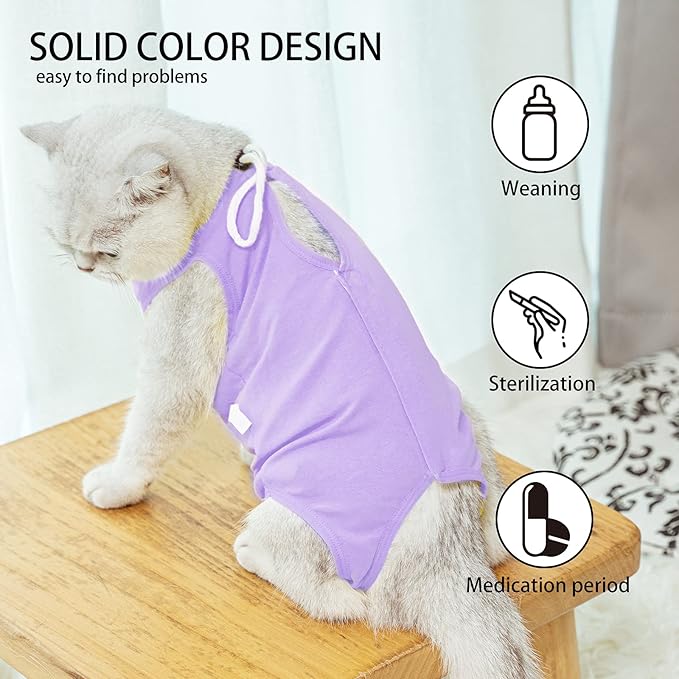 Kitten Onesies,Cat Recovery Suit for Abdominal Wounds or Skin Diseases,After Surgery Wear Anti Licking Wounds,Breathable E-Collar Alternative for Cat Purple L