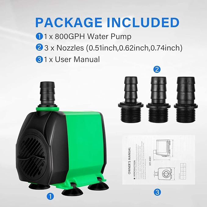 Simple Deluxe 60W 800GPH Submersible Pump (3000L/H), Ultra Quiet (10ft High Lift), 3 Nozzles with 5.2ft Power Cord for Fish Tank, Pond, Aquarium, Statuary, Hydroponics, Fountain