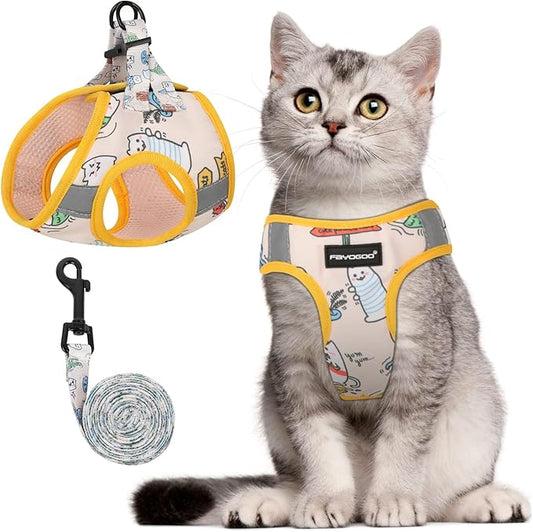 FAYOGOO Cat Harness and Leash Set for Walking Escape Proof - Lightweight Soft Cat Vest Harness for Medium Large Small Cats with Reflective Strips