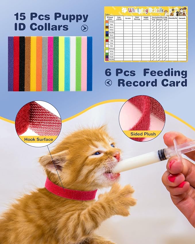 52Pcs Puppy Whelping Kit, Newborn Pets Whelping Supplies with 4 Puppy Feeding Tube,15 Puppy Whelping Collars, 15 Cord Clamps, 2 Gloves, Digital Thermometer, Stethoscope and More