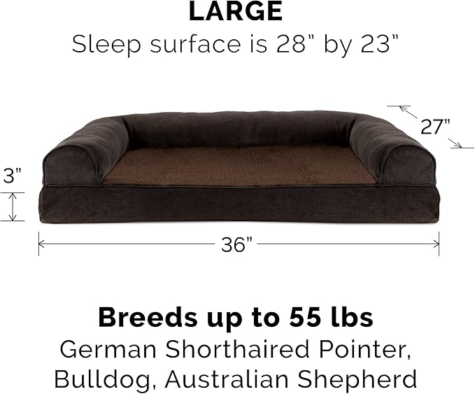 Furhaven Orthopedic Dog Bed for Large/Medium Dogs w/ Removable Bolsters & Washable Cover, For Dogs Up to 55 lbs - Sherpa & Chenille Sofa - Coffee, Large