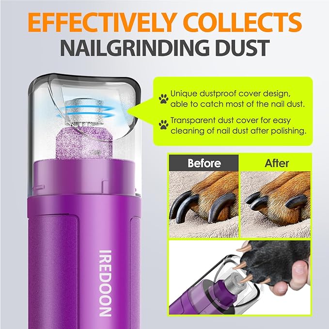 Dog Nail Grinder Upgraded - Professional 3-Speed Super Quiet and Low Vibration Electric Pet Nail Grinder with 4 LED Lights - Painless Paws Grooming & Smoothing for Small to Large Dogs (Purple)