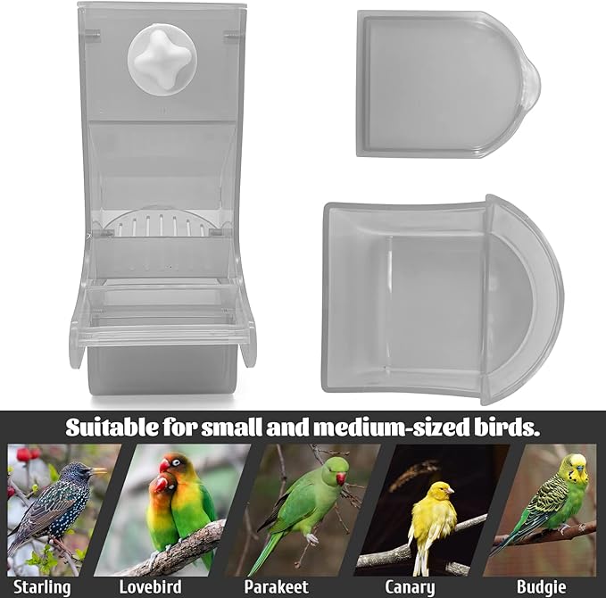 Hamiledyi Parrot Automatic Feeder No Mess Bird Feeder for Cage Parakeet Seed Food Container Plastic Lovebirds Cage Accessories for Small Conures Budgies Canary Finches(Gray)