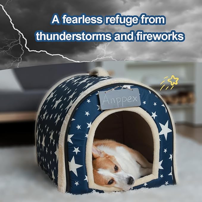 ANPPEX Dog House Indoor,2 in 1 Washable Covered Dog Bed,Insulated Cozy Dog Igloo Cave,2XL Size for Large Dogs,Blue