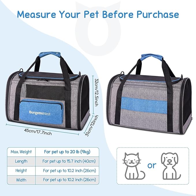 BurgeonNest Cat Carrier for Large Cats 20 lbs,Medium Cats Under 25 lbs,2 Cats and Small Dogs with Unique Side Bag,Top Load Pet Carrier Soft-Sided Escape Proof with 4 Ventilated Windows