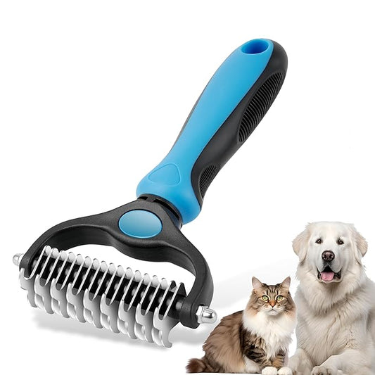 Pet Grooming Brush, Double Sided Undercoat Rake for Dogs & Cats, Professional Deshedding Brush and Dematting Tool, Safe and Effective Removing Knots, Mats, Tangles,and Flying Hair (Blue)