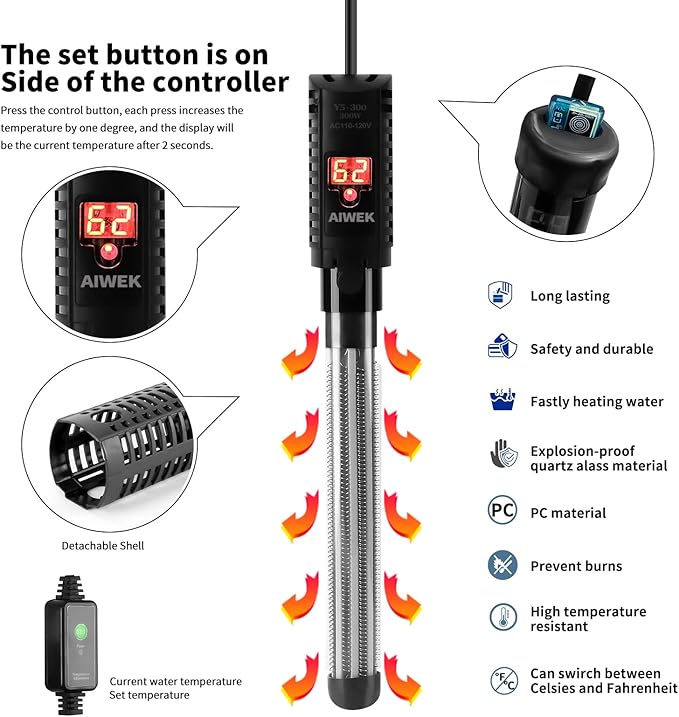 Aquarium Heater 300W Upgraded Fish Tank Heater With Leaving Water Automatically Stop Heating And Advanced Temperature Control System, Suitable For Saltwater And Freshwater 20 Gallons to 60 Gallons