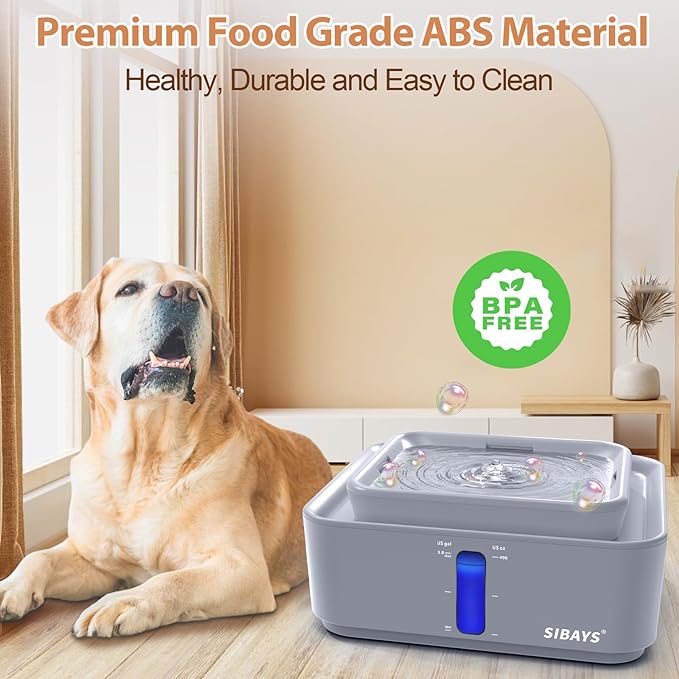 SIBAYS 3.8Gal/14L Extra Large Dog Water Fountain, No Spill Pet Water Fountain with 9" Large Filter & Powerful LED Pump & Water Shortage Reminder, Auto Dog Water Bowl Dispenser, Easy to Clean, BPA-Free