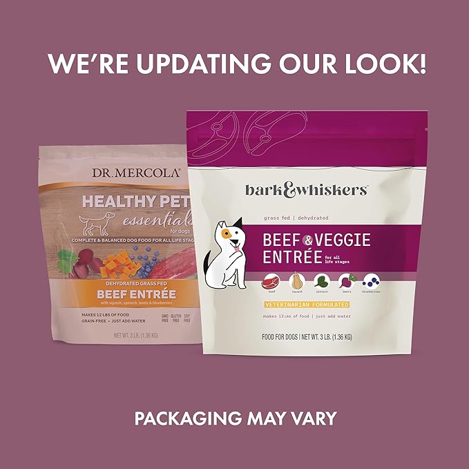 Dr. Mercola Bark & Whiskers Dehydrated Beef and Veggie Entrée, 3 lb., Makes 12 lbs. of Food for Dogs, Digestive Support, Vet Formulated, Non-GMO