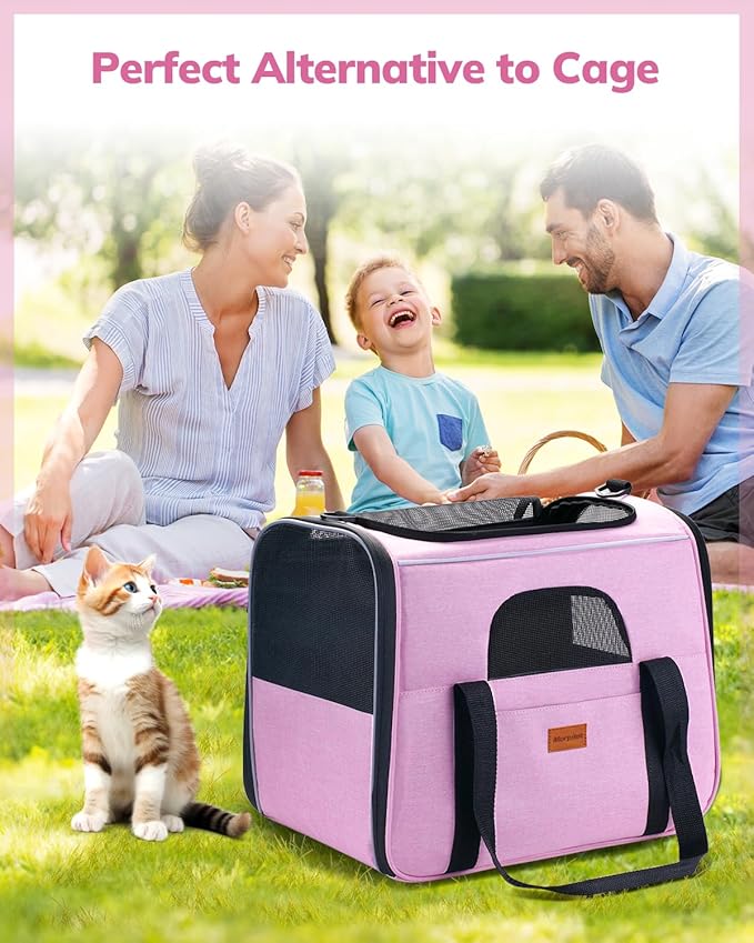 Morpilot Portable Cat Carrier - Soft Sided Cat Carrier for Medium Cats and Puppy up to 15lbs, Pet Carrier with Locking Safety Zippers, Foldable Bowl, Airline Approved Travel Dog Carrier - Pink