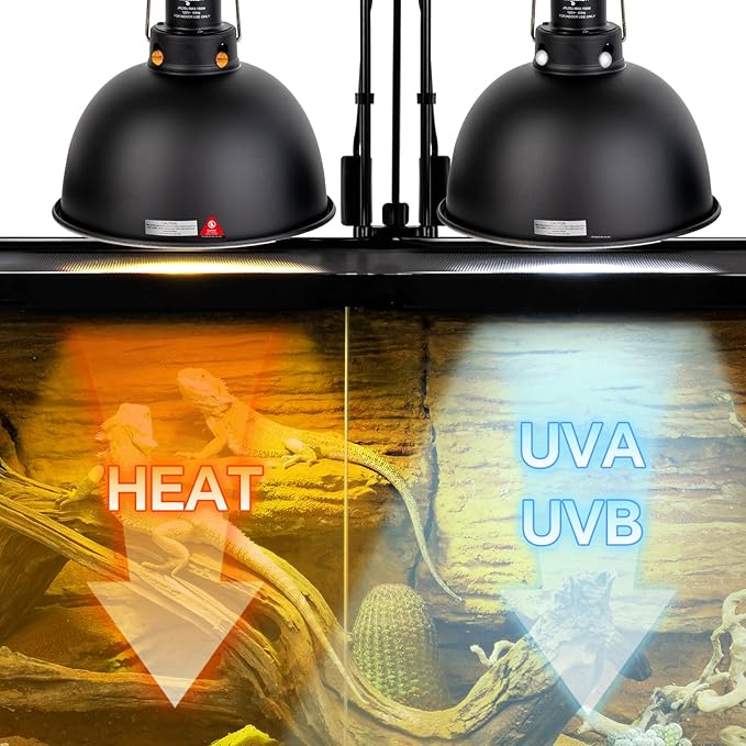 2 Pack Reptile Light Fixture, 8.5in Deep Dome Reptile Lamp Fixture, Optical Reflection Cover, Separate Switche & Hook, Terrarium Light Fixture for Reptile Heat Basking UVB Bulbs, 150W, Black