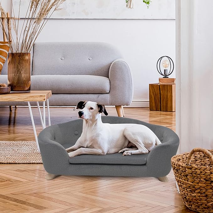 SHAVI Large Cat Sofa, 35" Wide Dog Couch for Large and Medium Cats Dogs, Low Back Pet Sofa with Washable Cushion, Luxury Velvet Lounging Bed with Anti-Slip Bottom(Grey)