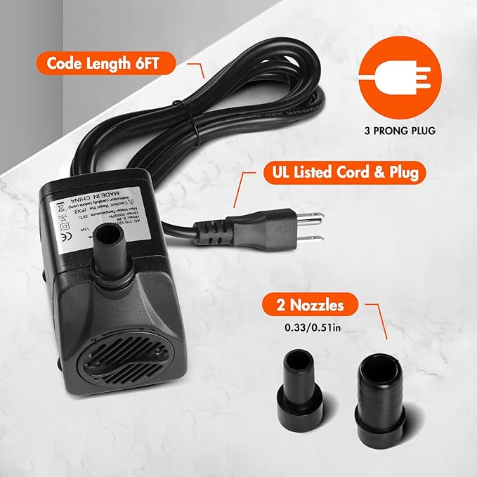 Simple Deluxe 200GPH Submersible Water Pump (760L/H, 15W) with Adjustable Intake, 5.2ft High Lift, 2 Nozzles, Perfect for Fish Tank, Pond, Aquarium, Hydroponics Black