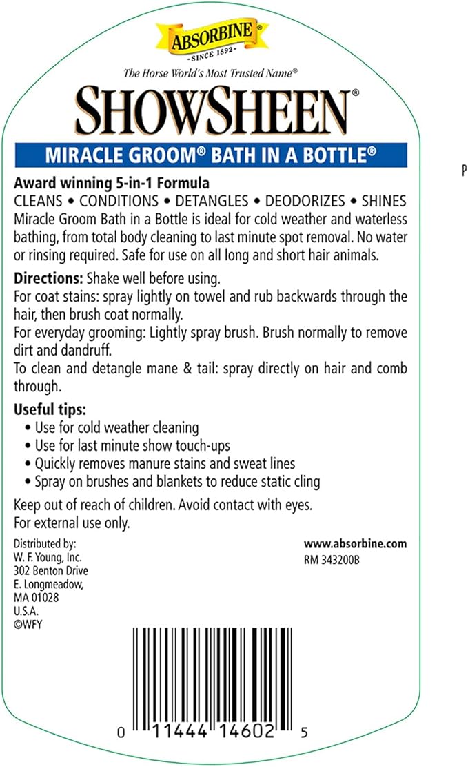 Absorbine ShowSheen Miracle Groom Waterless Shampoo, 5-in-1 Formula for Coat, Mane & Tail, 32oz