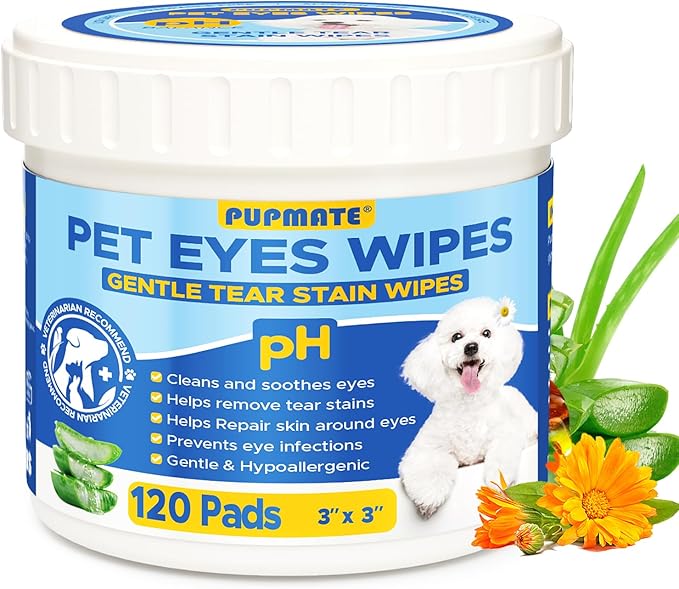 Eyes Wipes for Dogs & Cats | Face Tear Stain Remover | Gentle and pH Balanced | Aloe Pet Grooming Deodorizing Wipes for White Dogs Eye Debris, Discharge, Mucus, Crust 120pcs