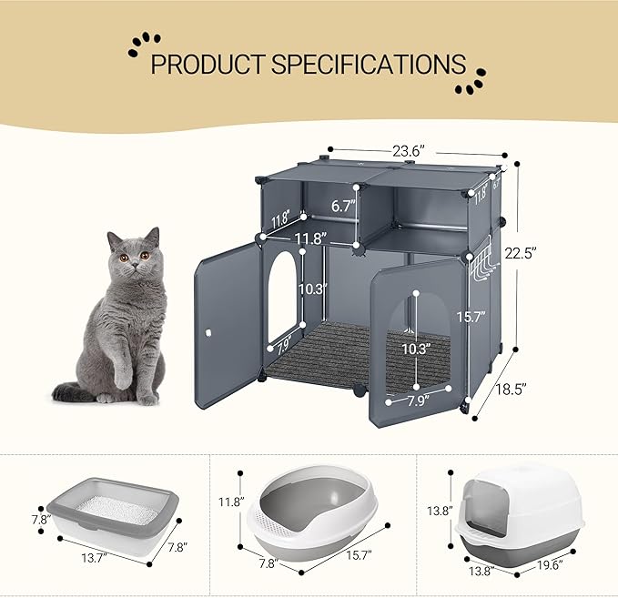 Cat Litter Box Enclosure, Plastic Covered Little Box with Mat, Splash Proof Litter Box Furniture, with Storage, 23.7 x 18.5 x 22.5 inches, End Table for Living Room, Gray CB81799GY