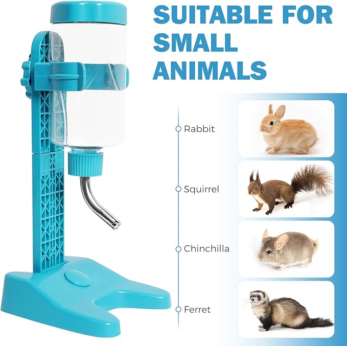 Pet Standing Water Dispenser Top Fill Dog Water Bottle Dispenser with Stand Leakproof Pet Slow Water Bottle for Small Animals, 13oz, BPA Free, Adjustable Height, Blue