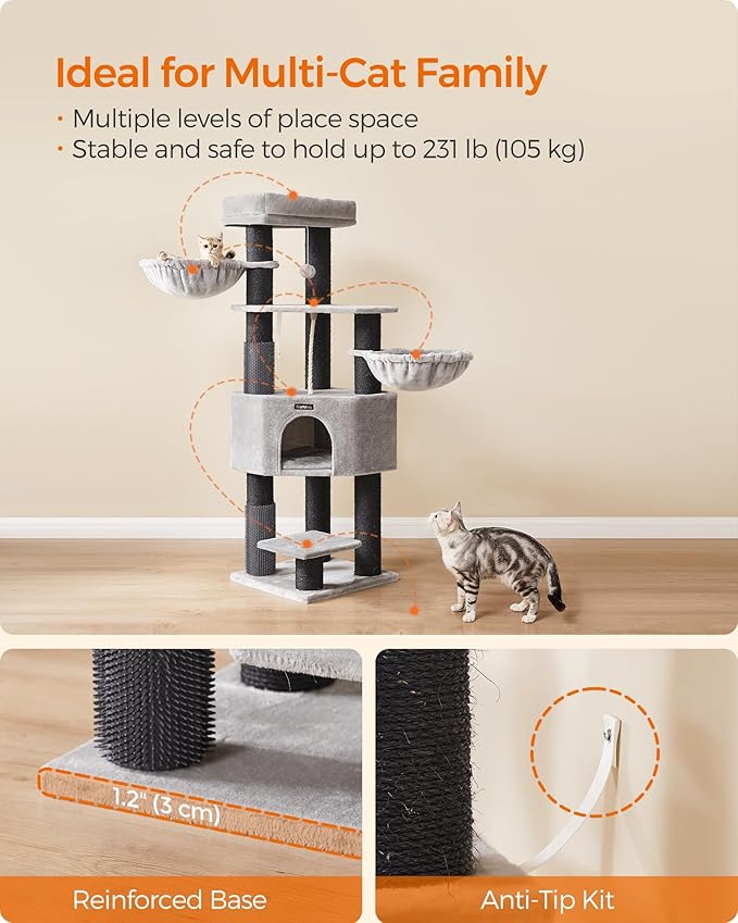 Feandrea Cat Tree for Large Cats, 63-Inch Heavy-Duty Cat Tower with Self-Warming Pads, 2 Self-Groomers, 9 Scratching Posts, Large Perch, Cave, and Baskets, Dove Gray and Black UPCT003W01