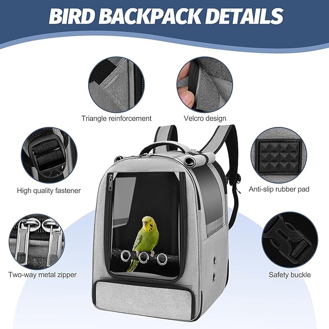 Bird Backpack Carrier,Bird Travel cage Backpack with Tray and Standing Perch,Feeding Tank,Waterproof pad,Used for Parakeets,hornbirds,Lovebirds,Small and Medium-Sized Bird